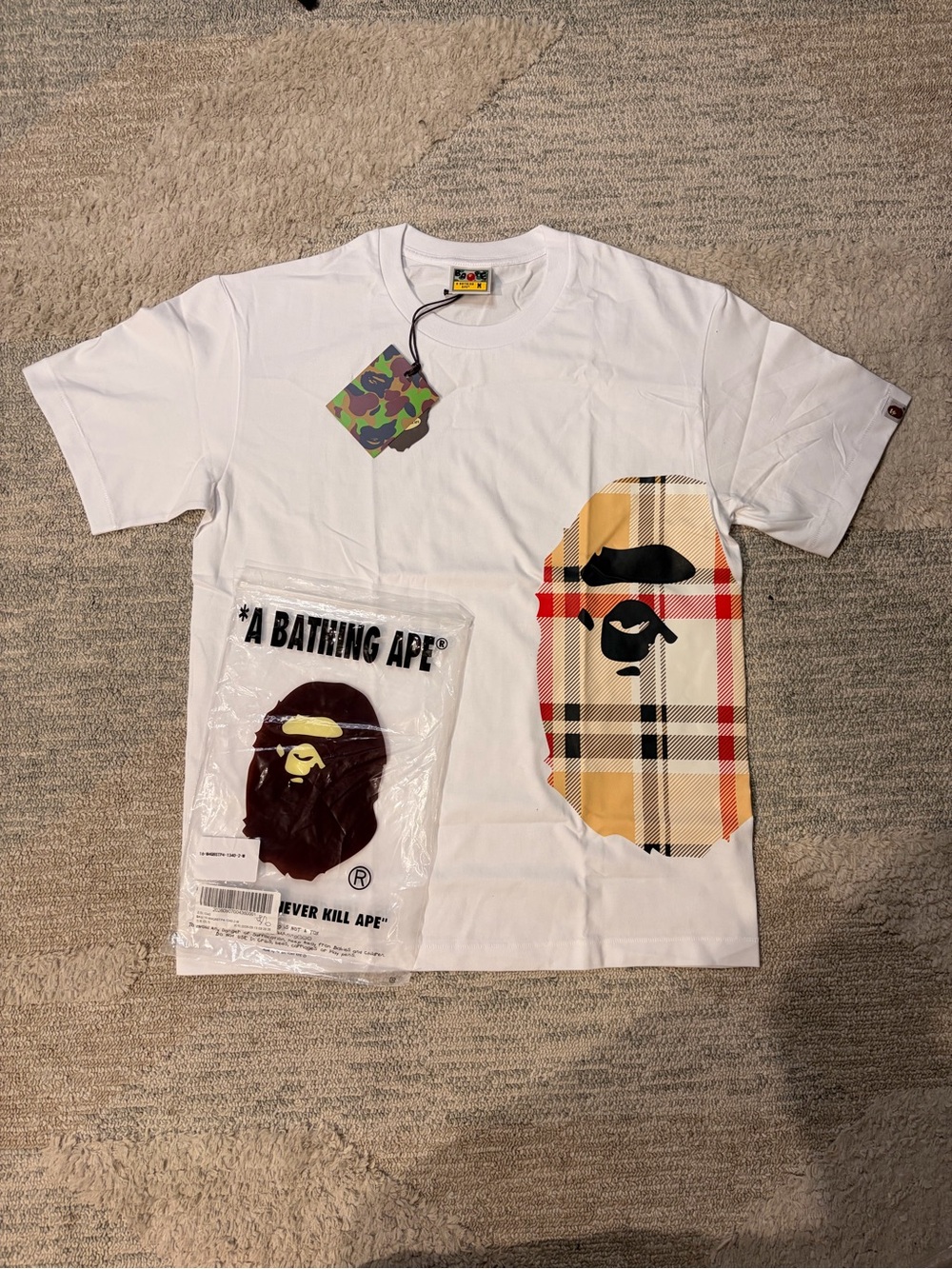 Bape White Tee with Tan & Red Plaid Ape Head